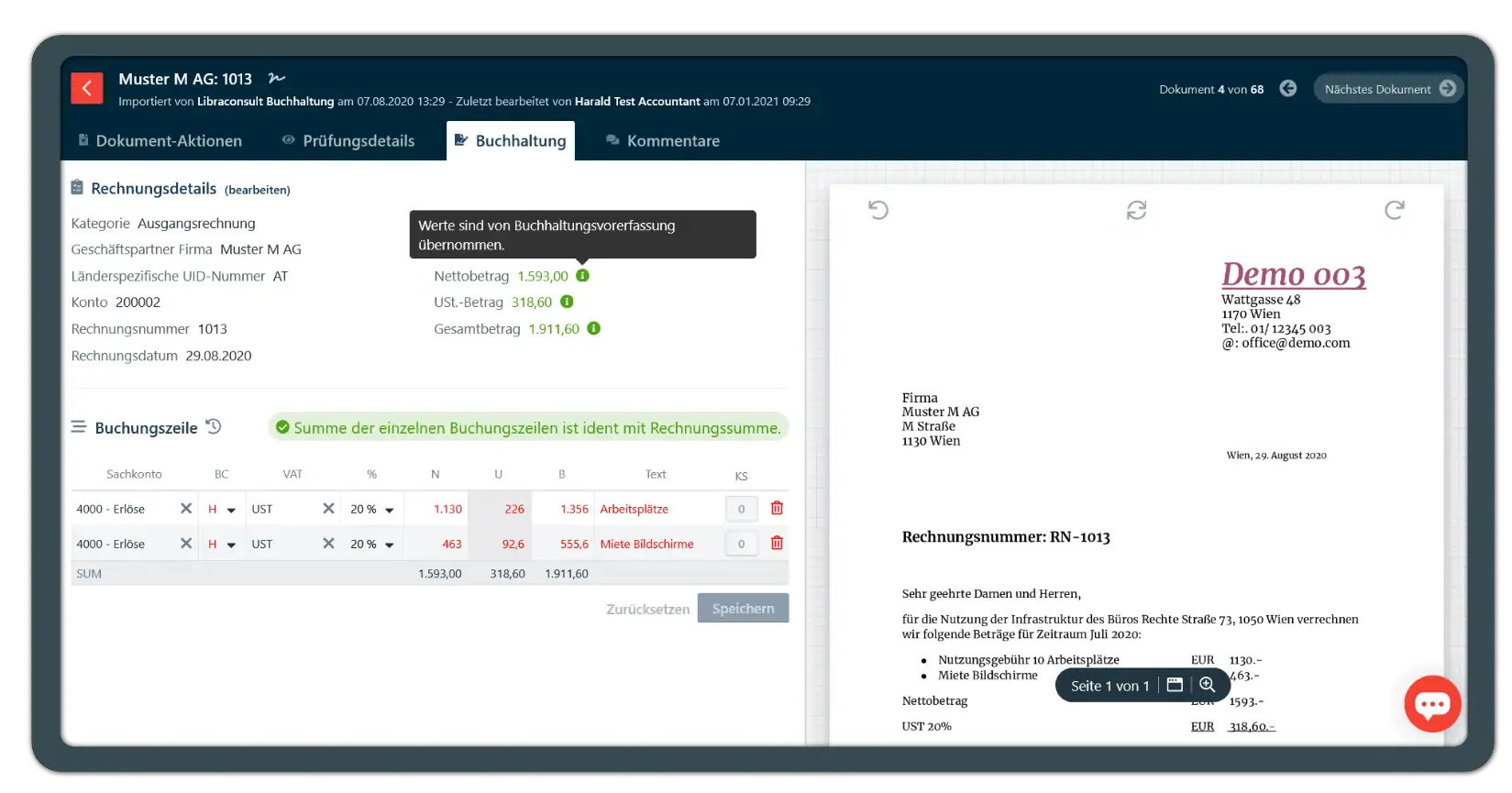 Bildschirmfoto von domonda — Accounting view with invoice preview
