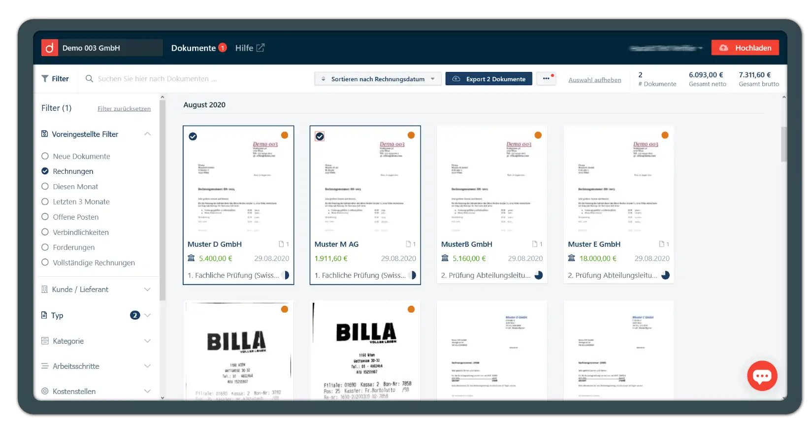 Bildschirmfoto von domonda — Document overview