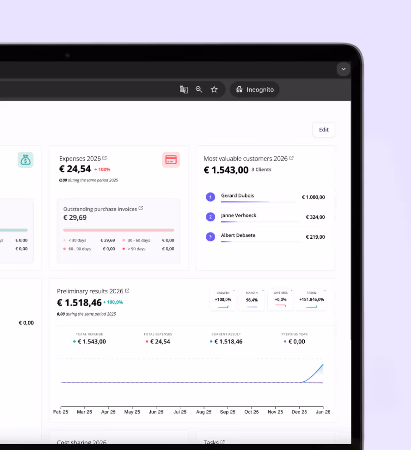 Bildschirmfoto von Informer Invoicing — Dashboard detail with receivables and results widgets