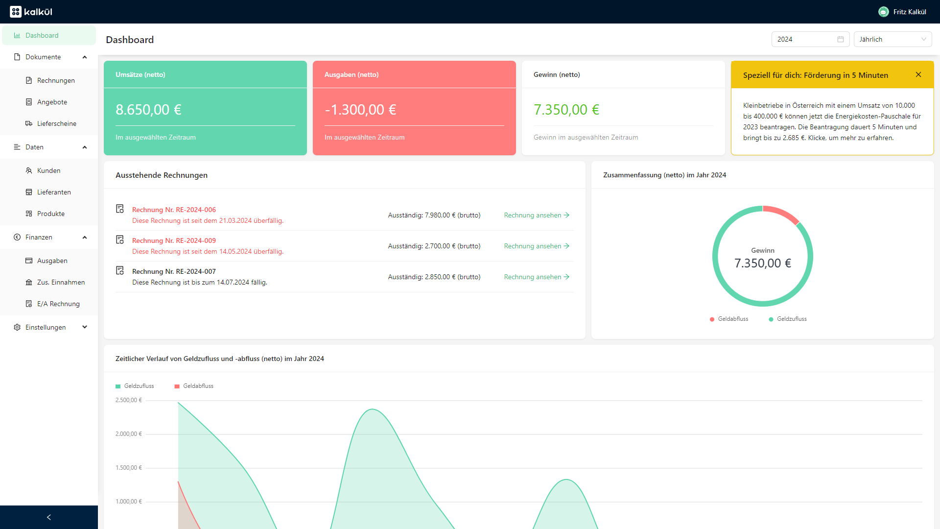 Bildschirmfoto von kalkül – Dashboard mit Umsatz, offenen und überfälligen Rechnungen