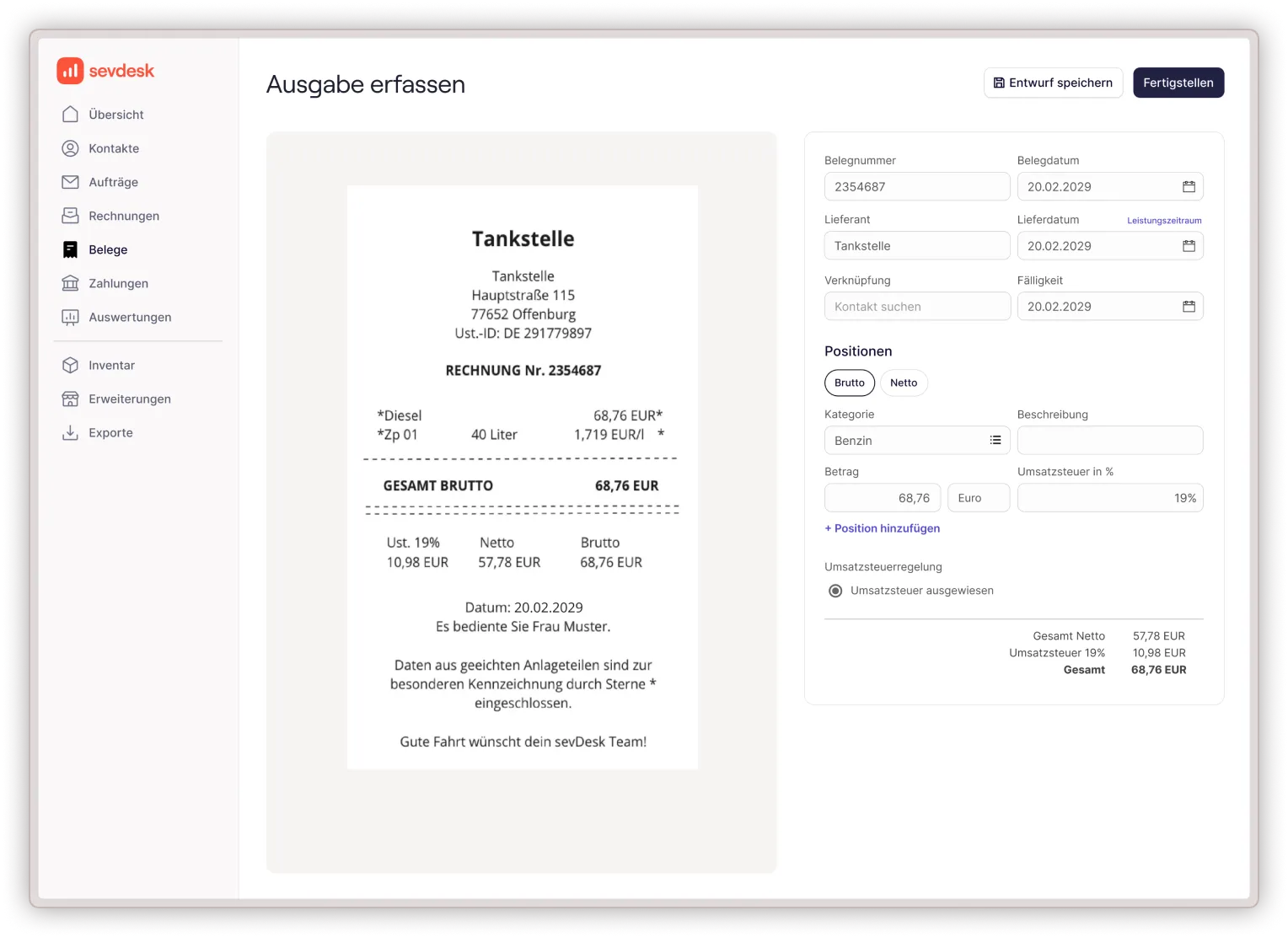 Bildschirmfoto von sevDesk — Expense capture with receipt scanning